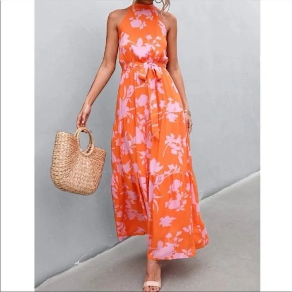 Boho pink  floral print belted halter maxi dress - Picture 9 of 14